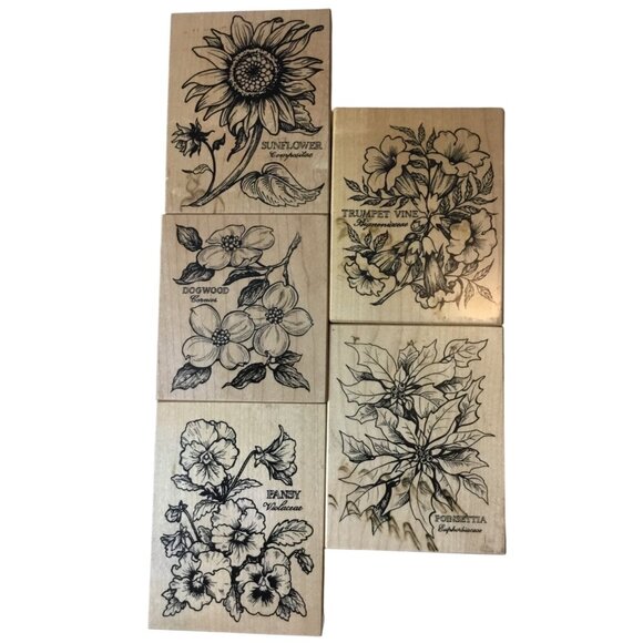 Sunflower, Dogwood, Trumpet Vine, Pansy, Poinsettia PSX Wood Mounted Rubber Stam - Picture 1 of 2